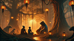 Jambavan berät Rama und den Vanara-Rat unter einem Banyanbaum in der Abenddämmerung.