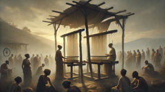 Arachne and Athena weaving side by side at competing looms under open sky