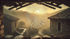 Arachne's web glinting with morning dew, symmetrical like an embroidered tapestry