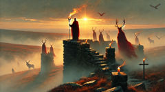 A knight lights a candle atop a ruined tower at sunrise; spectral Redcaps gather, faces softened by hope.