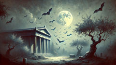 Night scene of trees and temple eaves alive with small dark winged shapes against the moon