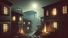 A close view of Orchomenus houses with shuttered windows and a moonlit temple in the distance