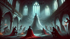 The spectral Queen of the Redcaps with antler crown appears before a kneeling knight in a ruined hall.