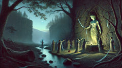 Ártemis e as Oreadas à beira de um desfiladeiro, onde se trocam rituais e oferendas.