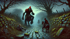 A Redcap goblin with a blood-soaked cap blocks a mossy road; a wary knight sits atop his horse.