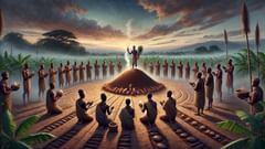 Una representación de los primeros habitantes que ofrecen ofrendas a Ala, la tierra, que marca los comienzos del ritual y de la ley.