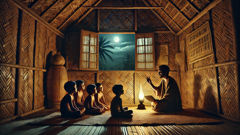 Un anciano contando a los niños una historia sobre Sigbin a la luz de la hoguera, en una casa de nipa.