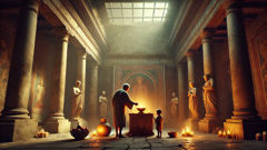 Roman lararium in a domestic atrium with family members making offerings to Lares and Penates