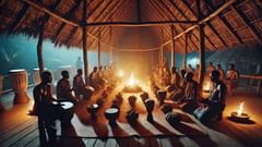 Uma cerimônia de Dugu, com tambores, oferendas e anciãos invocando os nomes dos ancestrais, como parte da vida ritual na costa de Honduras.
