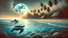 El arrecife en la salida de la luna, donde la tortuga y el tiburón se deslizan cerca de la orilla del pueblo.
