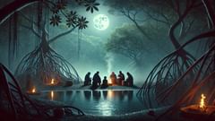 Uma cerimônia num manguezal iluminado pela lua, onde tambores e vozes convocam a memória ancestral até a beira da água.