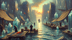 O Argo, próximo a um canal revestido de vidro, com três mulheres encapuzadas à beira do penhasco, moldando espelhos.