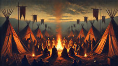 Argive camp at dusk with fires and banners as the seven prepare to march