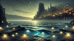 Uma cidade silenciosa de arenito, com paredes ocas, e um templo numa montanha distante, com um jardim de algas que brilha à noite.