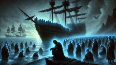 Angus MacRae kneels on his ship as Blue Men encircle him under a moonless sky on the Minch.