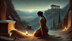 Burial on the hillside: Antigone laying earth upon her brother at twilight