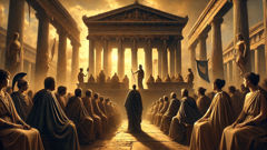 Furies and citizens confronting each other at the tribunal in Athens