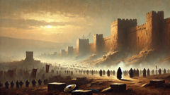 Theban walls at dawn with smoke and banners marking the siege and fallen champions