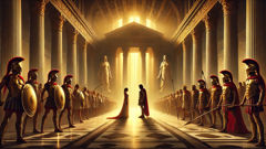 Battle erupts in Hippolyta’s palace between Greeks and Amazon warriors amid toppled columns.