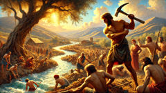 Heracles observa el interior sucio de los Establos de Augías, con lodo espeso cubriendo el suelo.