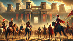 Heracles and Greek heroes arrive at the gates of Themiscyra, greeted by Amazon warriors.