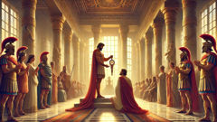 Heracles presents Hippolyta’s girdle to Eurystheus and Admete in a crowded Mycenaean hall.