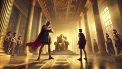 Heracles se enfrenta al rey Augías en el patio del palacio después de limpiar los establos.