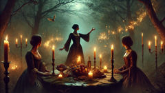 Moenen and Mariken in an enchanted clearing with floating lights and conjured food