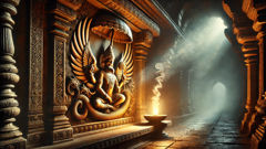 Temple relief of Garuda clutching a coiled Naga under a canopy