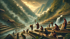 Elder Abotani teaching villagers to terrace a slope beside a flowing mountain spring