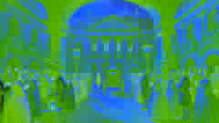 Bride and groom leaving an 18th-century chapel surrounded by rose gardens