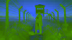Reunited lovers embrace at the edge of a guarded border fence at dawn