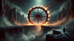 Ixion bound to the fiery wheel at the edge of Tartarus as the gods observe