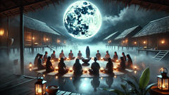 Aldeanos que realizan un ritual lunar de rememoración en la orilla del río para apaciguar al Langsuyar.