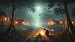 Una figura en silueta haciendo ofrendas en un cruce de senderos, bajo un cielo iluminado por la luna.