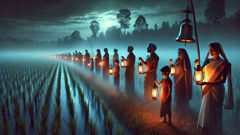 Encuentros, vigilia nocturna, campanas; Brahmaparusha; los aldeanos observan.
