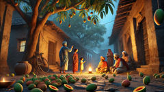 Orígenes del presagio Brahmapurusha: árboles de mango y caída de sus frutos.