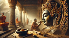 Carving details of yaksha statues with jeweled belts and painted faces near temple roofs