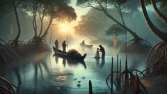 Ritos matutinos en el río: una canoa ahuecada, niebla baja y las siluetas serenas del manglar.