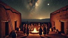 Un consejo nocturno bajo las estrellas, en el que la aldea debate cómo honrar las reliquias reveladas por los espíritus del desierto.