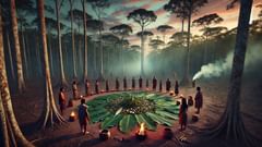 Eine gemeinschaftliche Opfergabe in der Dämmerung: Ritual, Arbeit und Gesang, die die Beziehungen zu den Waldgeistern wiederherstellen.