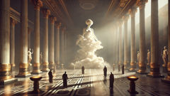 Ixion embracing the cloud-form Nephele while Olympus watches