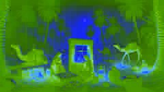 Les aventuriers se reposent dans une oasis secrète, nichée au cœur de ruines anciennes, sous les palmiers éclairés par la lune et entourés d’indices menant à un trésor.