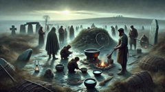 Villagers placing charms and an iron stake at the edge of a bog to ward against the Abhartach