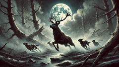 Actaeon transformed into a stag fleeing his hounds through moonlit woods