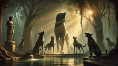Actaeon pauses with his hounds at the rim of Artemis's glade