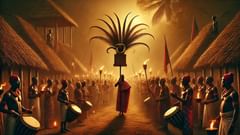 Une procession communautaire place un Ikenga au centre, des tambours et des bannières marquant un rite de passage.