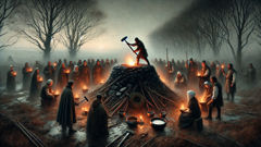 An iron stake being driven through a burial cairn at dusk to prevent the Abhartach's return