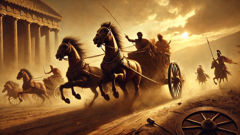 The moment Oenomaus' chariot collapses in a spray of dust and broken splinters during the fateful race