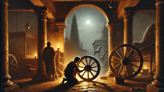 Myrtilus sabotaging Oenomaus chariot under moonlight before the fateful race